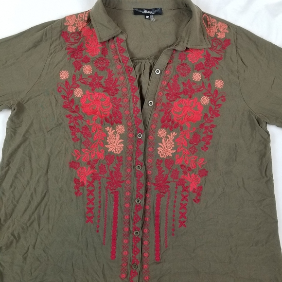 Andrea by Unit Embroidered Shirt Olive Green Shirt Soft Lightweight Size M - Picture 6 of 10